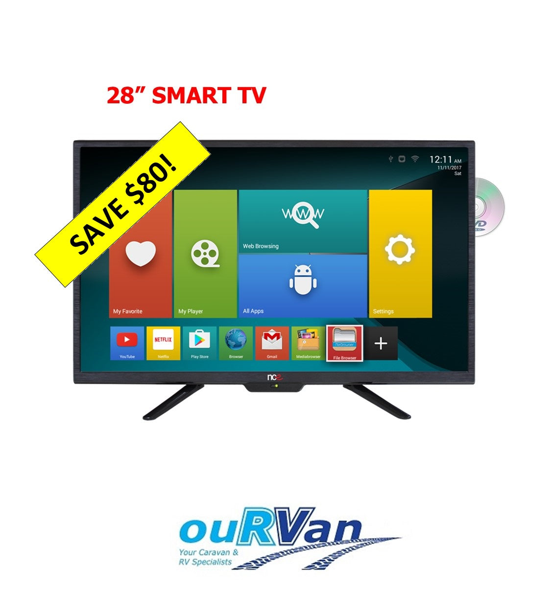 NCE 28" Smart LED LCD TV/DVD Combo 12VDC (Bluetooth)