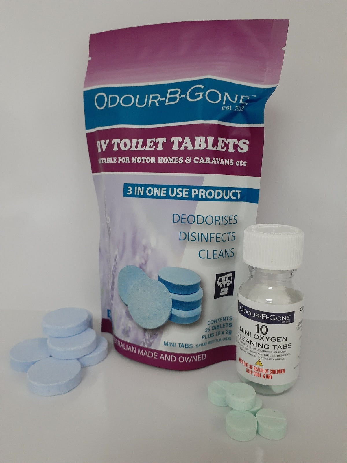 Odour B Gone 25x8g RV Toilet Tablets With 10x2g Mini Oxygen Tablets